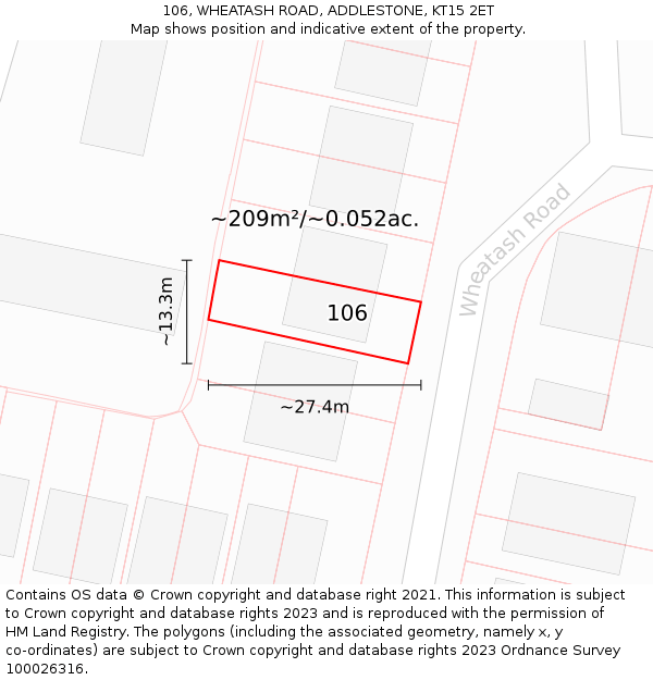 106, WHEATASH ROAD, ADDLESTONE, KT15 2ET: Plot and title map