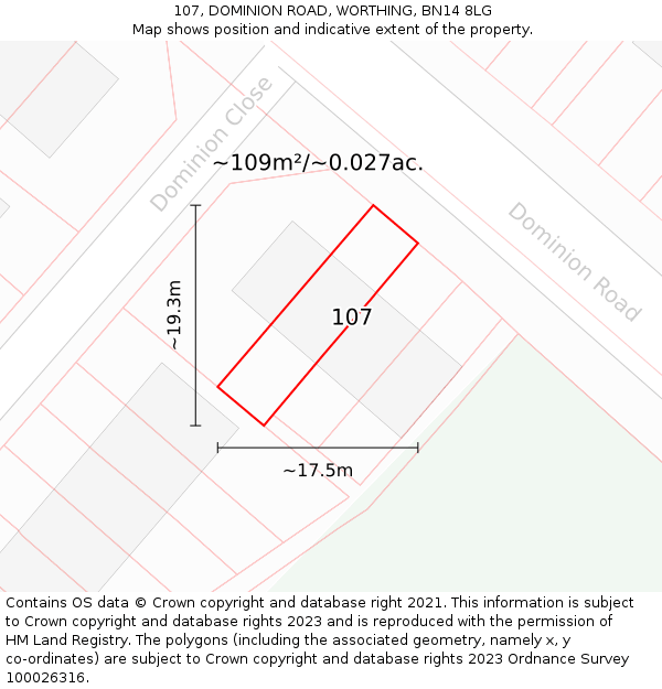 107, DOMINION ROAD, WORTHING, BN14 8LG: Plot and title map