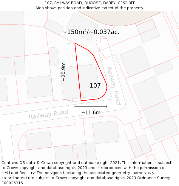 107, RAILWAY ROAD, RHOOSE, BARRY, CF62 3FE: Plot and title map