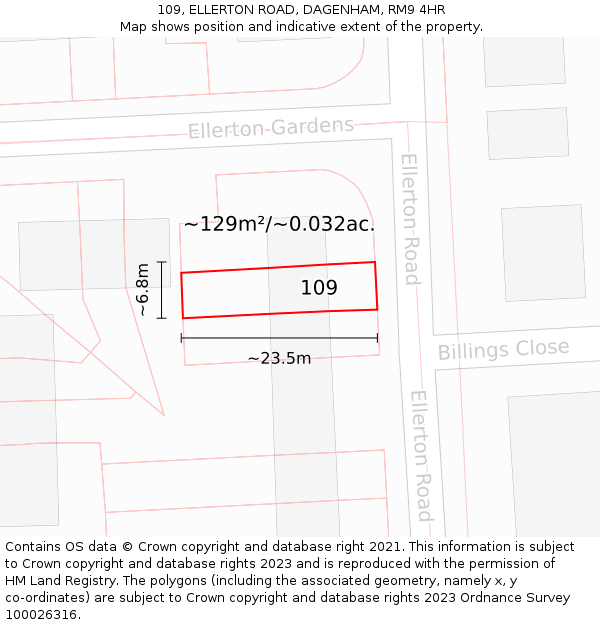 109, ELLERTON ROAD, DAGENHAM, RM9 4HR: Plot and title map