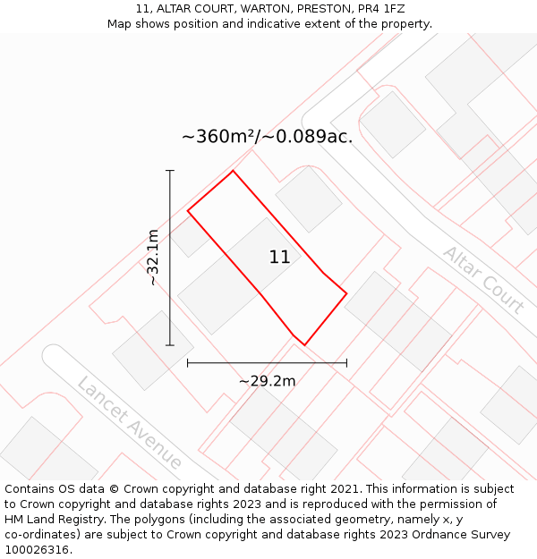 11, ALTAR COURT, WARTON, PRESTON, PR4 1FZ: Plot and title map