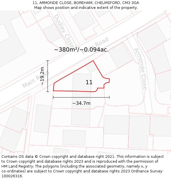 11, ARMONDE CLOSE, BOREHAM, CHELMSFORD, CM3 3GA: Plot and title map
