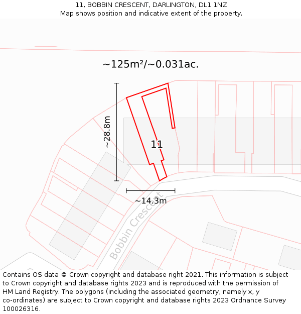 11, BOBBIN CRESCENT, DARLINGTON, DL1 1NZ: Plot and title map