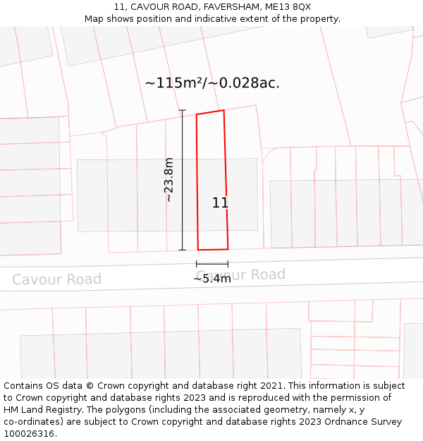 11, CAVOUR ROAD, FAVERSHAM, ME13 8QX: Plot and title map