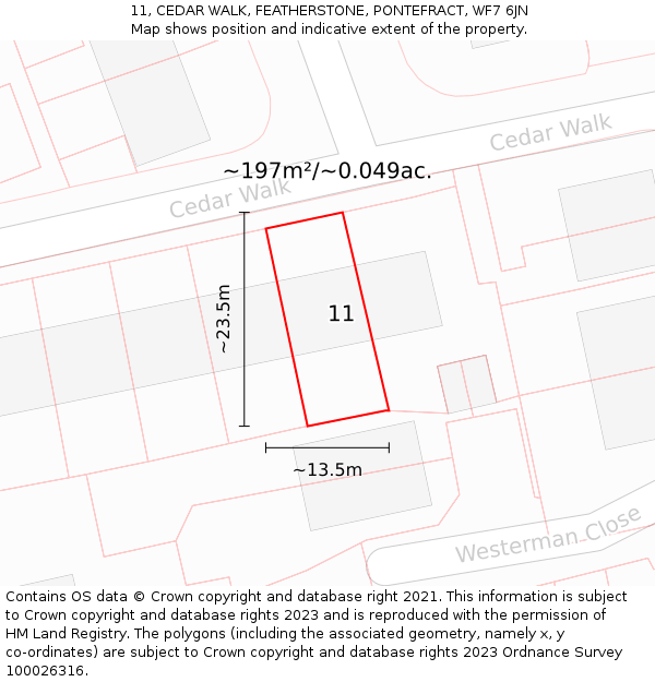 11, CEDAR WALK, FEATHERSTONE, PONTEFRACT, WF7 6JN: Plot and title map