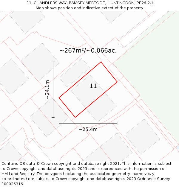 11, CHANDLERS WAY, RAMSEY MERESIDE, HUNTINGDON, PE26 2UJ: Plot and title map
