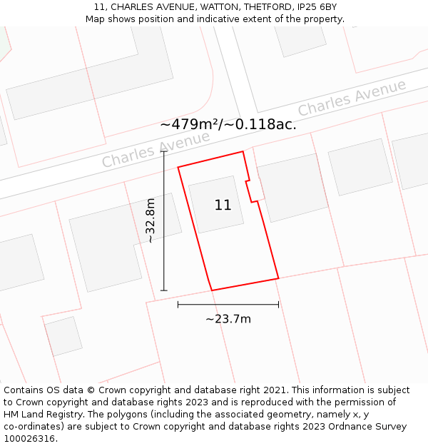 11, CHARLES AVENUE, WATTON, THETFORD, IP25 6BY: Plot and title map