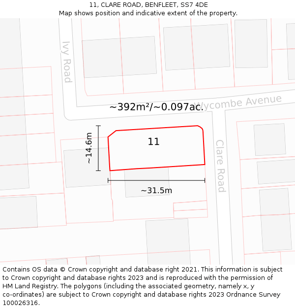 11, CLARE ROAD, BENFLEET, SS7 4DE: Plot and title map