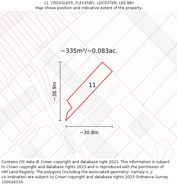 11, CROSSLEYS, FLECKNEY, LEICESTER, LE8 8BY: Plot and title map