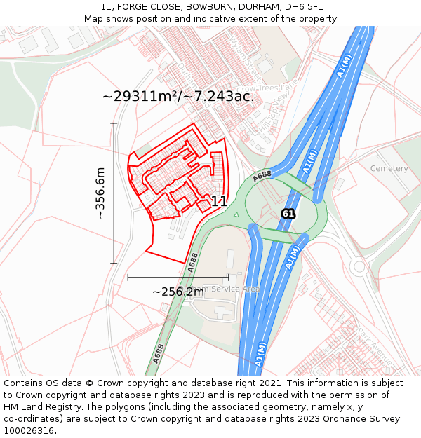 11, FORGE CLOSE, BOWBURN, DURHAM, DH6 5FL: Plot and title map