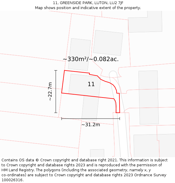 11, GREENSIDE PARK, LUTON, LU2 7JF: Plot and title map