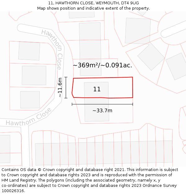 11, HAWTHORN CLOSE, WEYMOUTH, DT4 9UG: Plot and title map