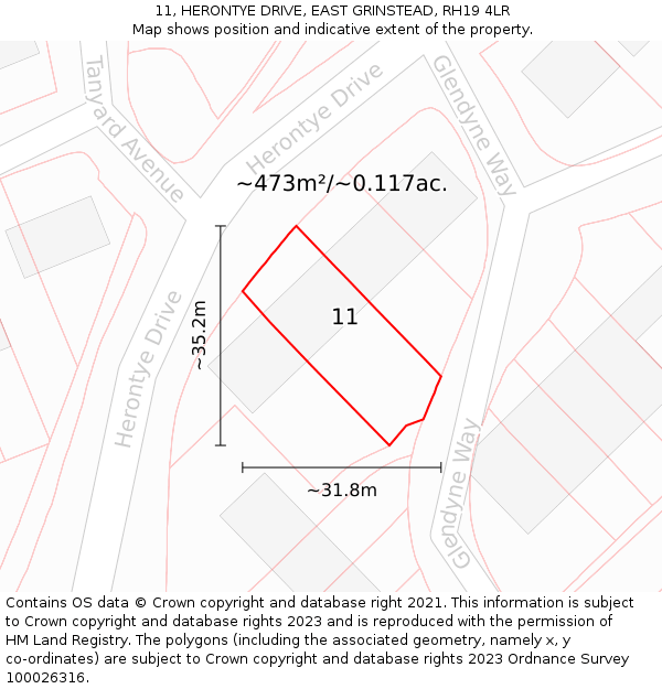11, HERONTYE DRIVE, EAST GRINSTEAD, RH19 4LR: Plot and title map
