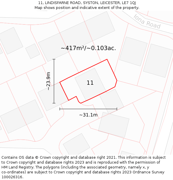 11, LINDISFARNE ROAD, SYSTON, LEICESTER, LE7 1QJ: Plot and title map