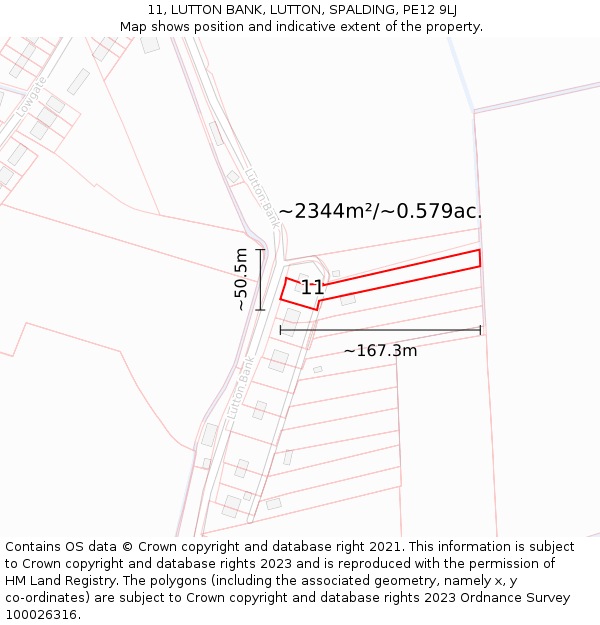 11, LUTTON BANK, LUTTON, SPALDING, PE12 9LJ: Plot and title map
