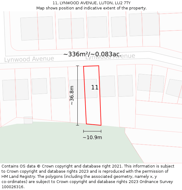 11, LYNWOOD AVENUE, LUTON, LU2 7TY: Plot and title map