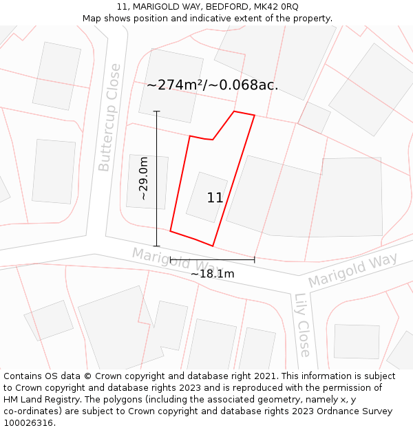 11, MARIGOLD WAY, BEDFORD, MK42 0RQ: Plot and title map