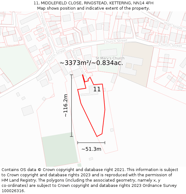 11, MIDDLEFIELD CLOSE, RINGSTEAD, KETTERING, NN14 4FH: Plot and title map