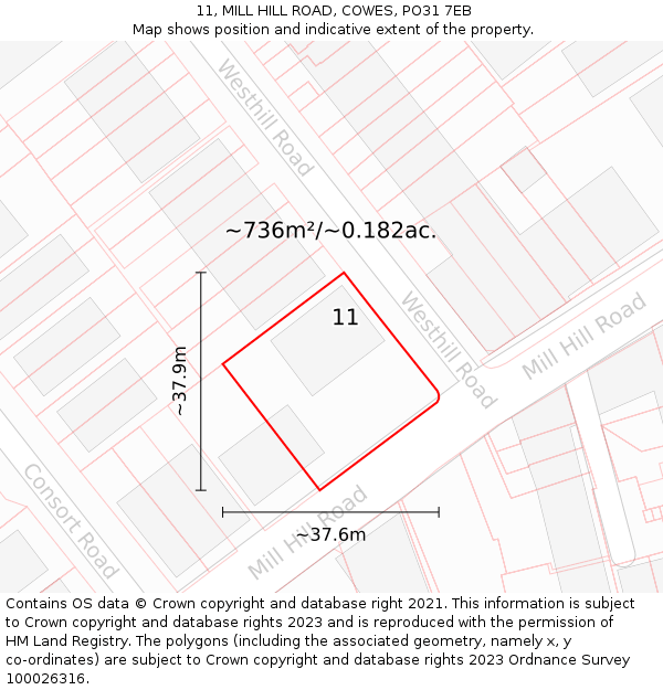 11, MILL HILL ROAD, COWES, PO31 7EB: Plot and title map