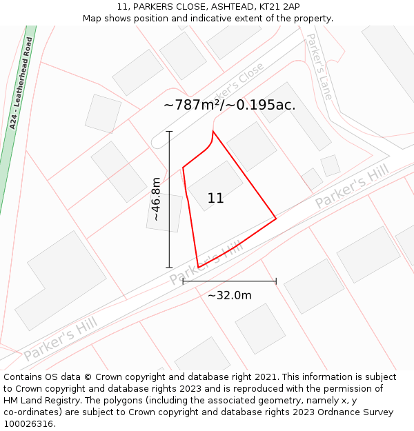 11, PARKERS CLOSE, ASHTEAD, KT21 2AP: Plot and title map