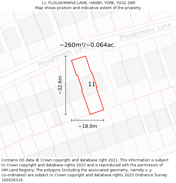 11, PLOUGHMANS LANE, HAXBY, YORK, YO32 2WR: Plot and title map