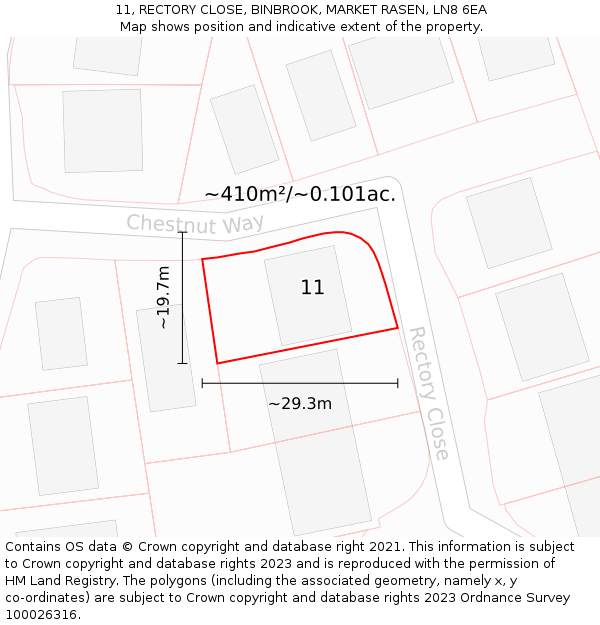 11, RECTORY CLOSE, BINBROOK, MARKET RASEN, LN8 6EA: Plot and title map