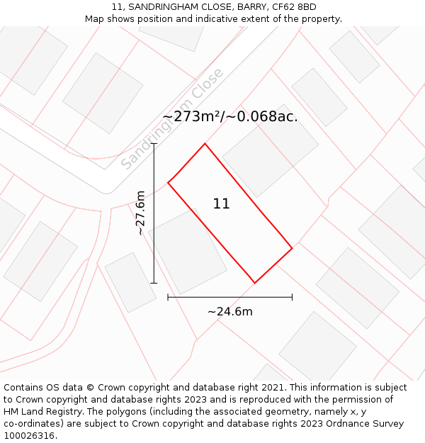 11, SANDRINGHAM CLOSE, BARRY, CF62 8BD: Plot and title map