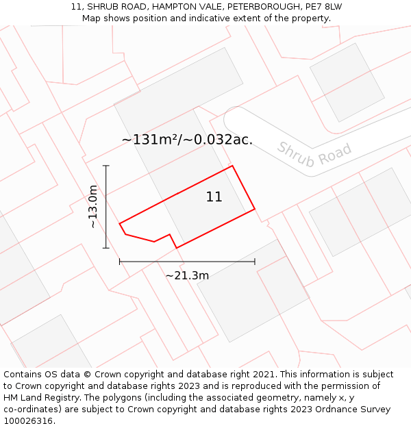 11, SHRUB ROAD, HAMPTON VALE, PETERBOROUGH, PE7 8LW: Plot and title map