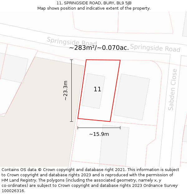 11, SPRINGSIDE ROAD, BURY, BL9 5JB: Plot and title map