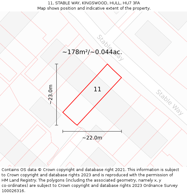 11, STABLE WAY, KINGSWOOD, HULL, HU7 3FA: Plot and title map