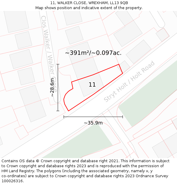 11, WALKER CLOSE, WREXHAM, LL13 9QB: Plot and title map