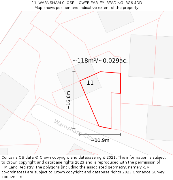 11, WARNSHAM CLOSE, LOWER EARLEY, READING, RG6 4DD: Plot and title map