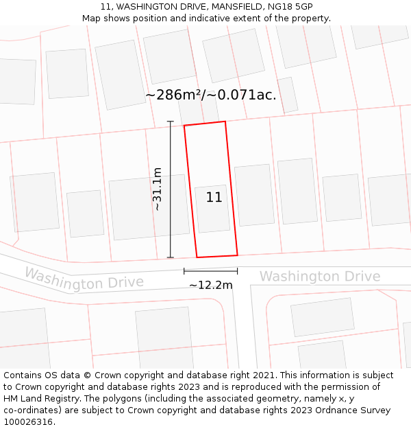 11, WASHINGTON DRIVE, MANSFIELD, NG18 5GP: Plot and title map
