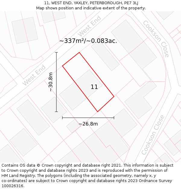 11, WEST END, YAXLEY, PETERBOROUGH, PE7 3LJ: Plot and title map