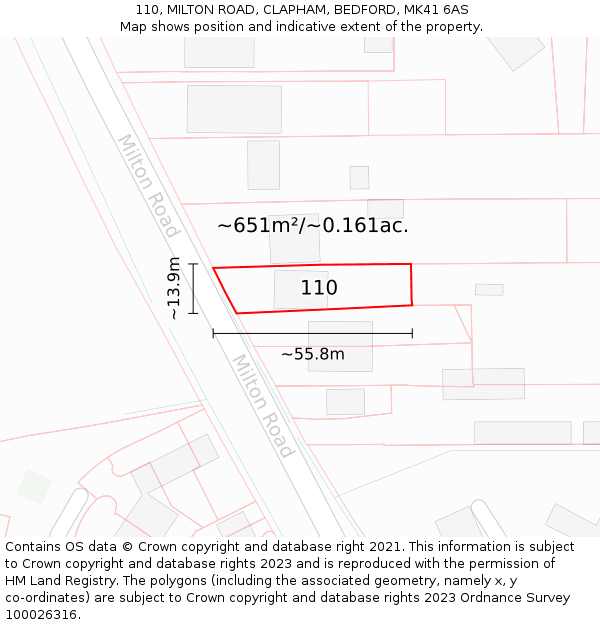 110, MILTON ROAD, CLAPHAM, BEDFORD, MK41 6AS: Plot and title map