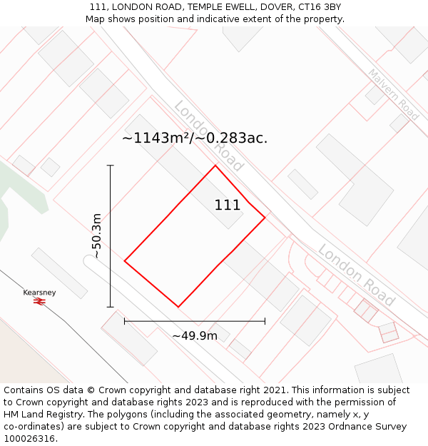 111, LONDON ROAD, TEMPLE EWELL, DOVER, CT16 3BY: Plot and title map