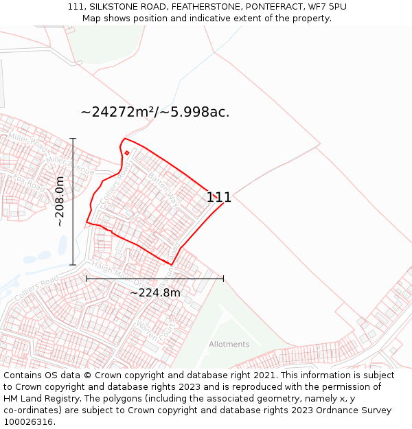 111, SILKSTONE ROAD, FEATHERSTONE, PONTEFRACT, WF7 5PU: Plot and title map