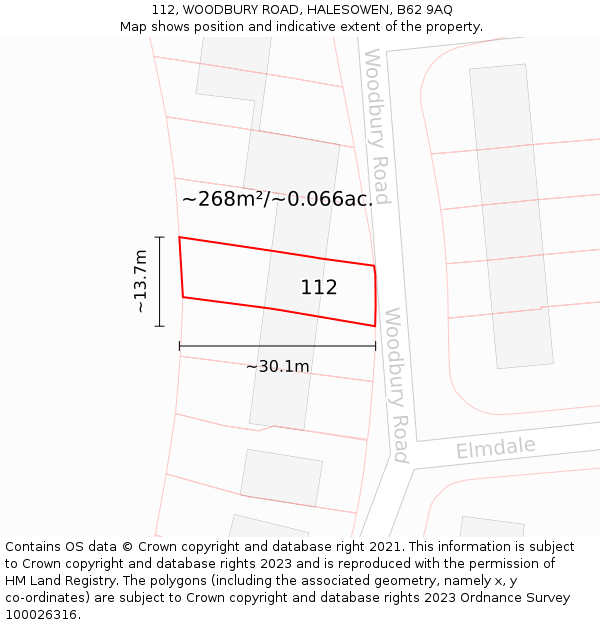 112, WOODBURY ROAD, HALESOWEN, B62 9AQ: Plot and title map