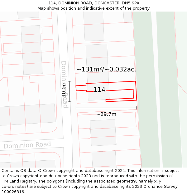 114, DOMINION ROAD, DONCASTER, DN5 9PX: Plot and title map