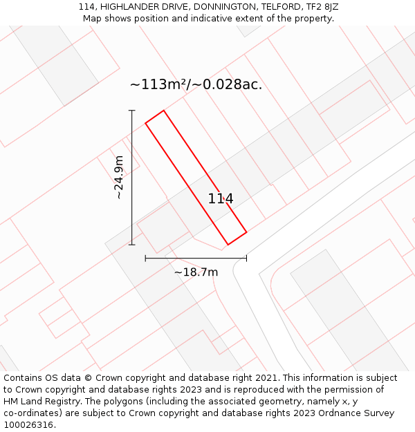 114, HIGHLANDER DRIVE, DONNINGTON, TELFORD, TF2 8JZ: Plot and title map