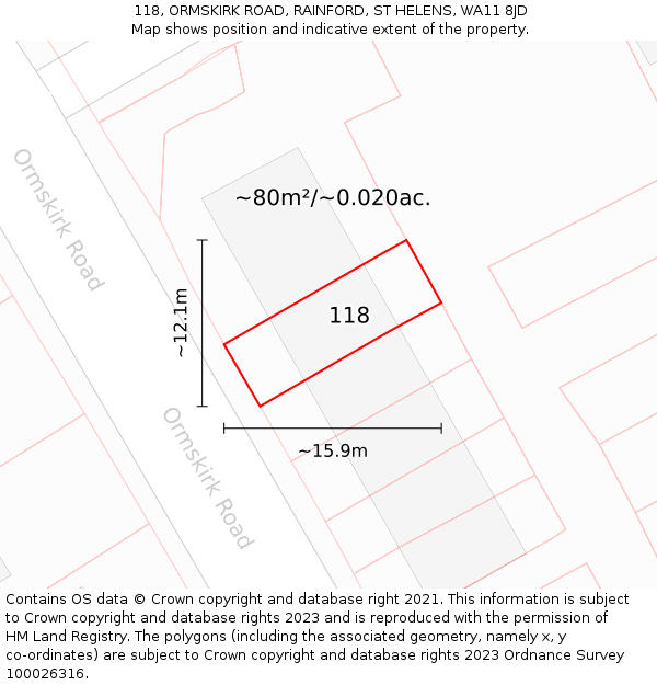 118, ORMSKIRK ROAD, RAINFORD, ST HELENS, WA11 8JD: Plot and title map