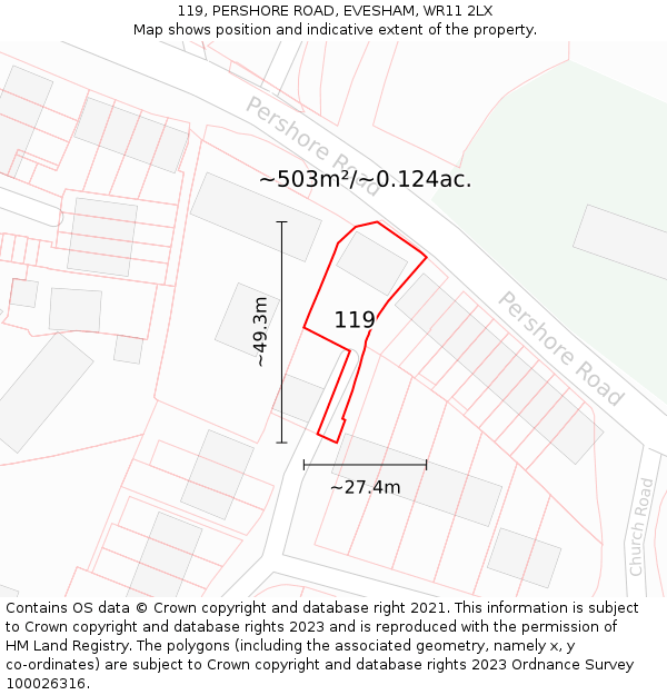 119, PERSHORE ROAD, EVESHAM, WR11 2LX: Plot and title map
