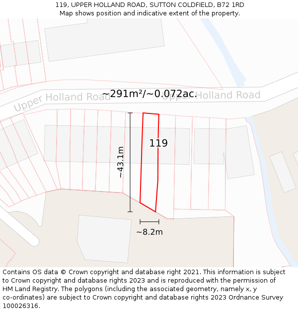 119, UPPER HOLLAND ROAD, SUTTON COLDFIELD, B72 1RD: Plot and title map