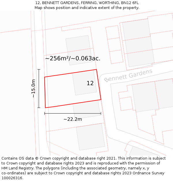 12, BENNETT GARDENS, FERRING, WORTHING, BN12 6FL: Plot and title map