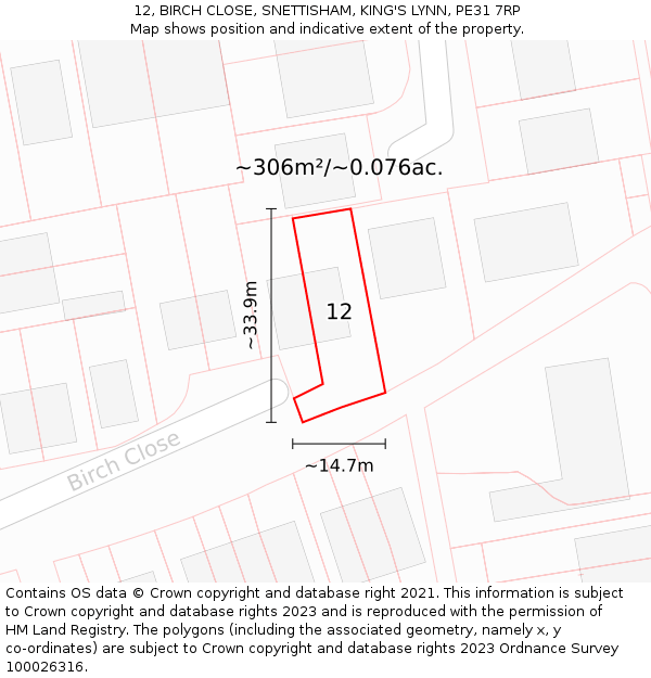 12, BIRCH CLOSE, SNETTISHAM, KING'S LYNN, PE31 7RP: Plot and title map