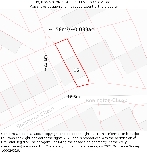 12, BONINGTON CHASE, CHELMSFORD, CM1 6GB: Plot and title map