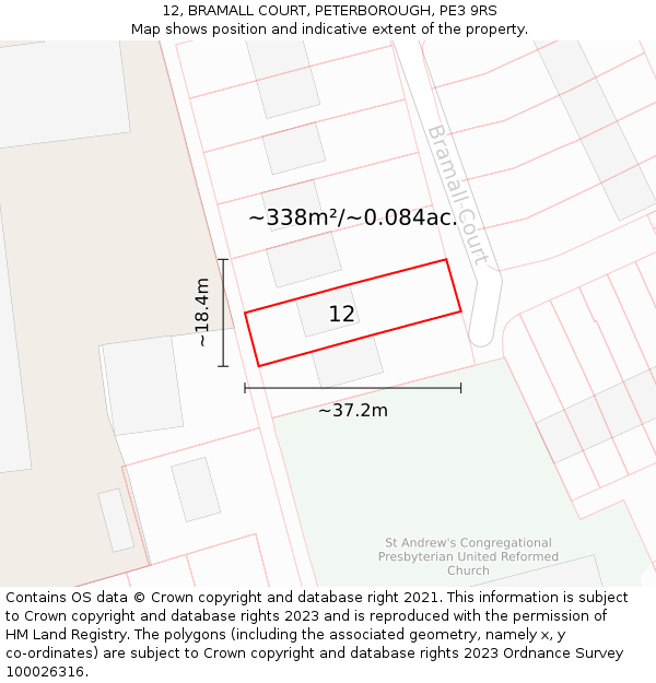12, BRAMALL COURT, PETERBOROUGH, PE3 9RS: Plot and title map