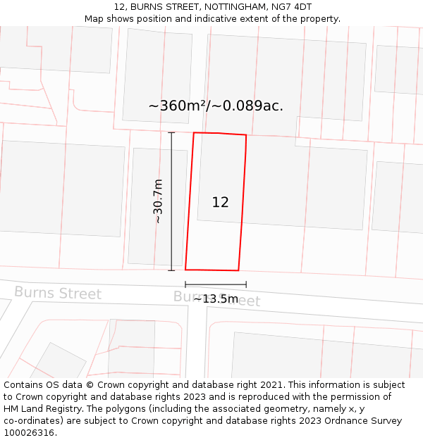 12, BURNS STREET, NOTTINGHAM, NG7 4DT: Plot and title map