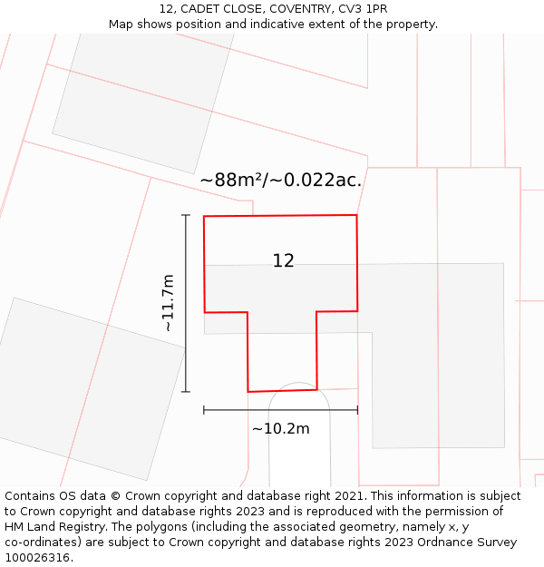12, CADET CLOSE, COVENTRY, CV3 1PR: Plot and title map