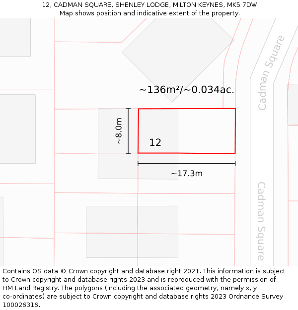 12, CADMAN SQUARE, SHENLEY LODGE, MILTON KEYNES, MK5 7DW: Plot and title map